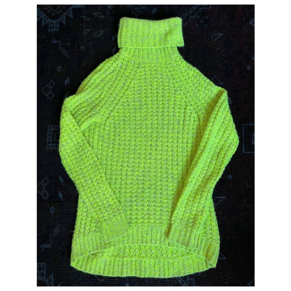 Tibi Waffle-Knit Chunky Oversized Turtleneck Sweater | XS Neon Chartreuse Green